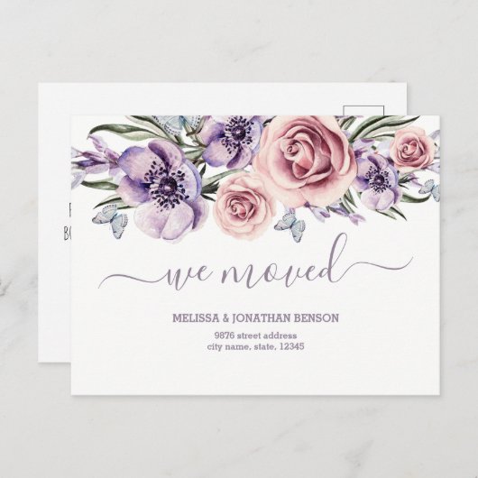 パープルフローラ我々は新しいホームアドレスを移動 案内ポストカード (正面/裏面)