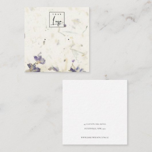 パープルフローラ手作り紙テクスチャイヤリング スクエア名刺 (正面/裏面)
