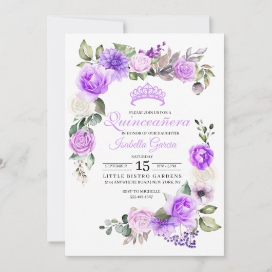 パープルフローラ春キンセアニェラ誕生日インビタティ 招待状 (正面)