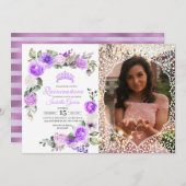パープルフローラ春キンセアニェラ誕生日フォトイン 招待状 (正面/裏面)