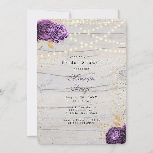パープルフローラ木製のライトストリングブライダルシャワー 招待状 (正面)