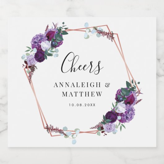 パープルフローラ植物幾何学応援結婚ズ スパークリングワインラベル (シングルラベル)