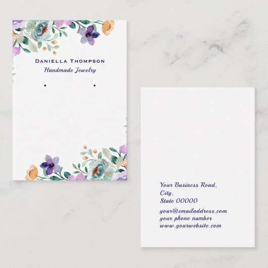 パープルフローラ植物性ジュエリーイヤリングディスプレイ 名刺 (正面/裏面)