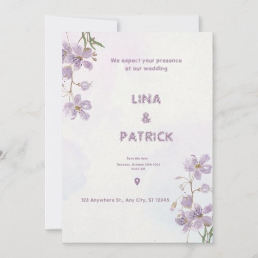 パープルフローラ水彩スタイル結婚式招待状 招待状 (正面)