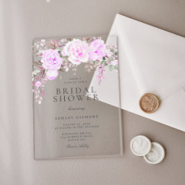 パープルフローラ水彩ブライダルシャワー アクリル招待状