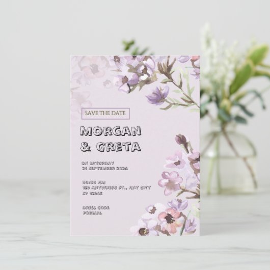 パープルフローラ水彩結婚式招待状 招待状 (スタンド正面)