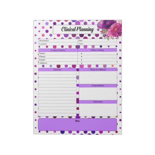 パープルフローラ水玉模様_臨床計画 ノートパッド (回転)