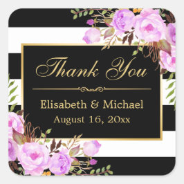 パープルフローラ白黒ストライプの金ゴールドありがとう スクエアシール