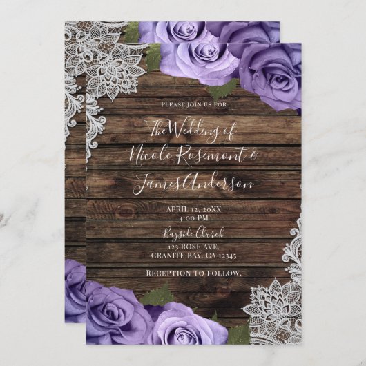パープルフローラ素朴バラウッド&レース結婚ズ 招待状 (正面/裏面)