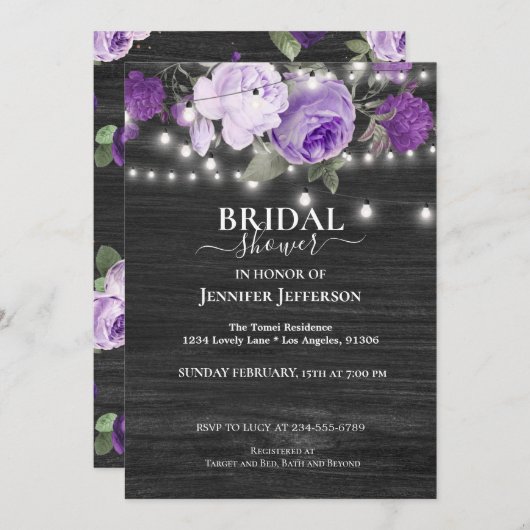 パープルフローラ素朴ブライダルシャワー招待 招待状 (正面/裏面)