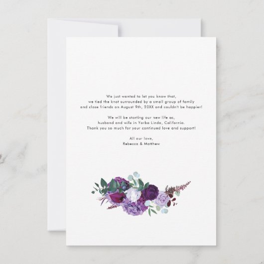 パープルフローラ結婚たった今結婚しましたのカップル写真 案内状 (裏面)