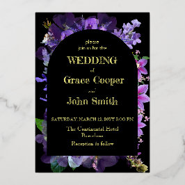 パープルフローラ結婚のカードデザイン 箔招待状