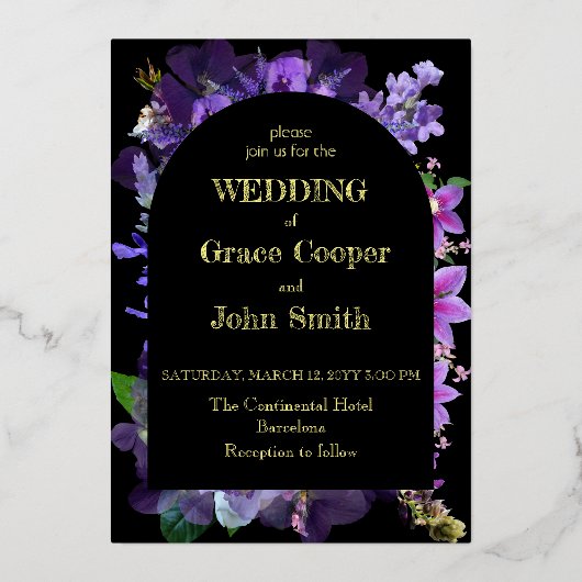 パープルフローラ結婚のカードデザイン 箔招待状 (正面)