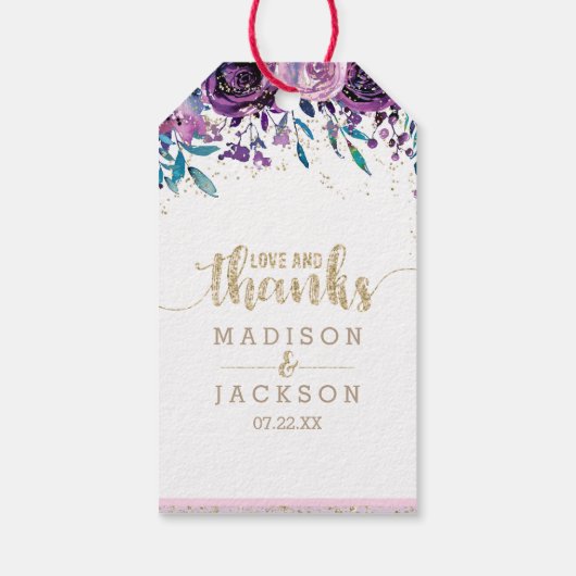 パープルフローラ結婚シャンパン金ゴールドの愛感謝してい&0 ギフトタグ (裏面)