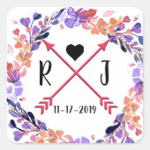 パープルフローラ結婚ズモノグラムリースデザイン スクエアシール (正面)