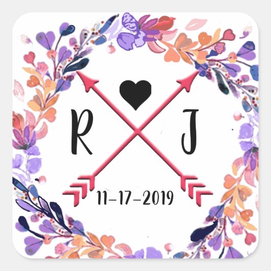 パープルフローラ結婚ズモノグラムリースデザイン スクエアシール (正面)