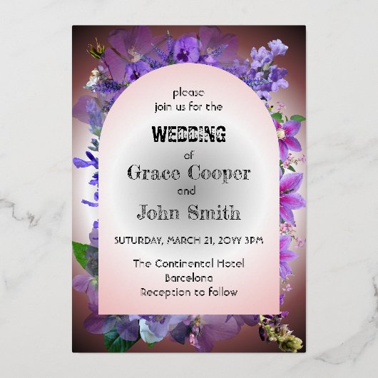 パープルフローラ結婚ズ 箔招待状 (正面)