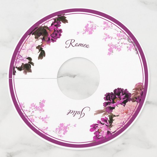 パープルフローラ結婚リングや輪のワイングラスラベル ワイングラスタグ (正面)