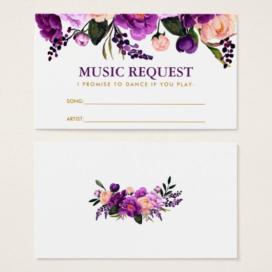 パープルフローラ結婚金ゴールドの音楽ソングリクエストカード (正面&裏面)
