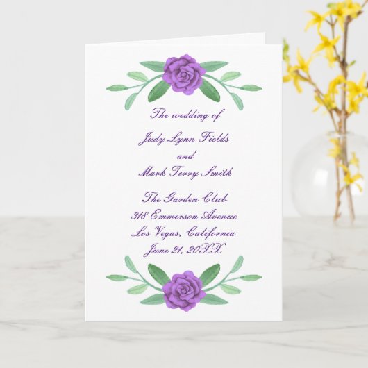 パープルフローラ緑の葉結婚式 プログラム (黄色い花)