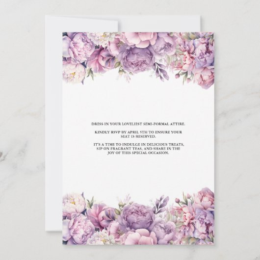 パープルフローラ茶と花嫁はブライダルシャワー 招待状 (裏面)