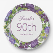 パープルフローラ葉グリーンつる植物90th誕生日 ペーパープレート (正面)