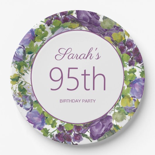 パープルフローラ葉グリーンつる植物95th誕生日 ペーパープレート (正面)