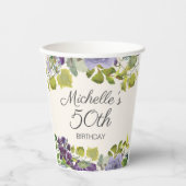 パープルフローラ葉グリーン誕生日50th写真 紙コップ (正面)