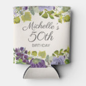 パープルフローラ葉グリーン誕生日50th写真 缶クーラー (正面)