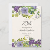 パープルフローラ葉グリーン誕生日75 招待状 (正面)