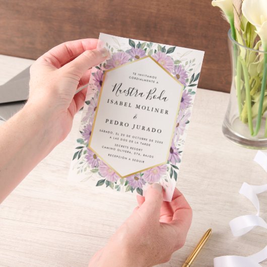 パープルフローラ葉金ゴールドヌエストラボダ結婚ズ ベラム紙招待状 (ポータブル)