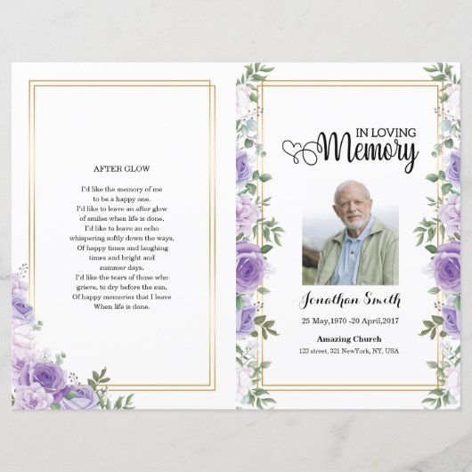 パープルフローラ葬儀プログラムテンプレート (正面)