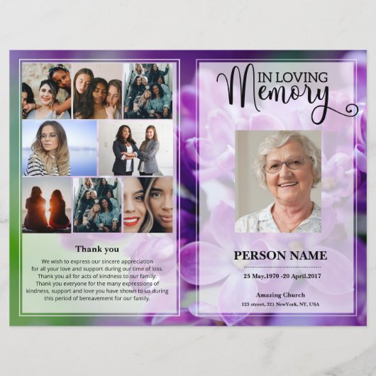 パープルフローラ葬儀プログラムテンプレート (正面)