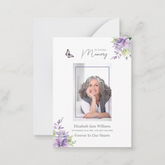 パープルフローラ蝶の葬儀メモリアル祈りの言葉 ノートカード (正面)