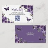 パープルフローラ蝶クインセアニラQRコードRSVP エンクロージャーカード (正面/裏面)