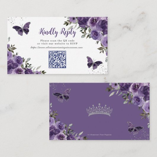 パープルフローラ蝶クインセアニラQRコードRSVP エンクロージャーカード (正面/裏面)