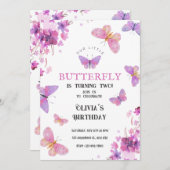 パープルフローラ蝶ベビー誕生日招待状 招待状 (正面/裏面)