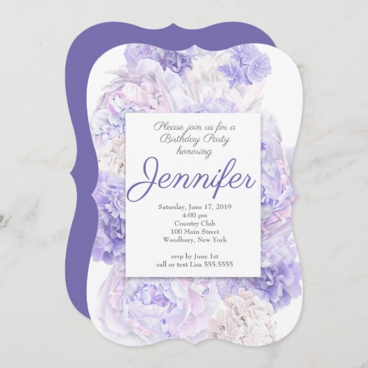 パープルフローラ誕生日パーティーへの招待 招待状 (正面/裏面)