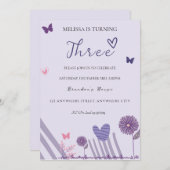 パープルフローラ誕生日パーティー 招待状 (正面/裏面)