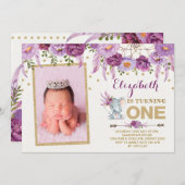 パープルフローラ象ファースト1歳招待状 招待状 (正面/裏面)