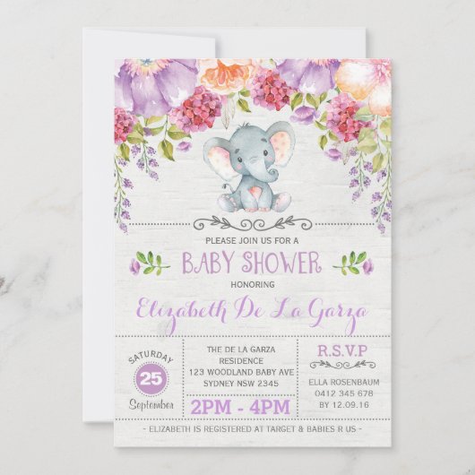 パープルフローラ象ベビーガールシャワー招待状 招待状 (正面)