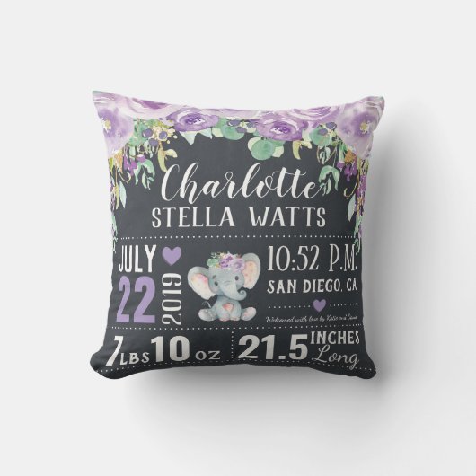 パープルフローラ象新生児ガール誕生統計 クッション (正面)