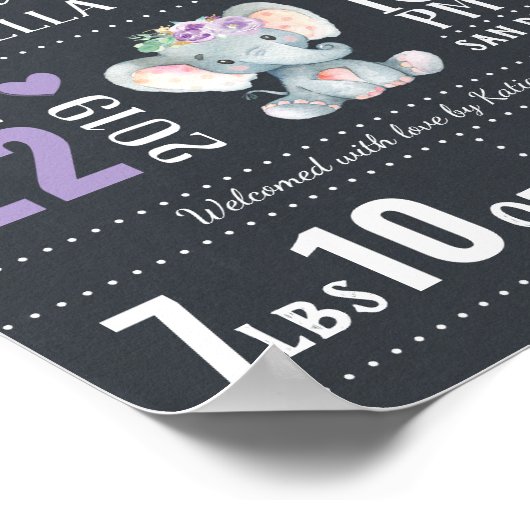 パープルフローラ象新生児ガール誕生統計 ポスター (角)