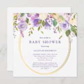パープルフローラ金ゴールドアクセント中性ベビーシャワー 招待状 (正面/裏面)