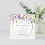 パープルフローラ金ゴールドアクセント中性ベビーシャワー 招待状 (スタンド正面)