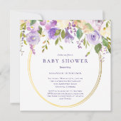パープルフローラ金ゴールドアクセント中性ベビーシャワー 招待状 (正面)
