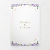 パープルフローラ金ゴールドカトリック十字型QRコード結婚ズ 三つ折り招待状 (カバー)