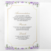 パープルフローラ金ゴールドカトリック十字型QRコード結婚ズ 三つ折り招待状 (内部最初)