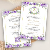 パープルフローラ金ゴールドカトリック十字型QRコード結婚ズ 招待状