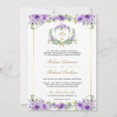 パープルフローラ金ゴールドカトリック十字型QRコード結婚ズ 招待状 (正面)